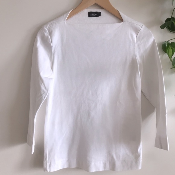 Kate Spade Saturday | white 3/4 sleeve slit neck tee - Picture 3 of 7